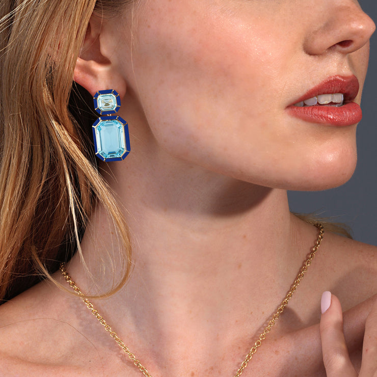 Blue Topaz with Lapis Lazuli & Turquoise Inlay Emerald Cut Earrings