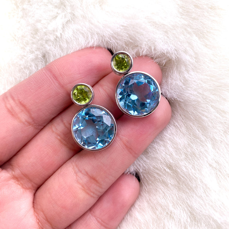 Blue Topaz and Peridot Faceted Round Bezel set Earrings