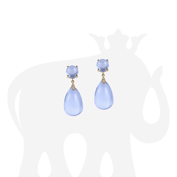 Drop Cabochon Blue Chalcedony Earrings with Diamonds
