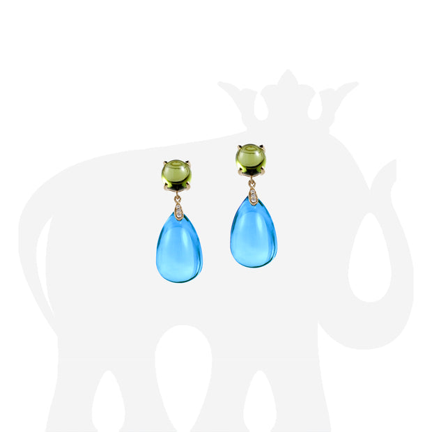 Blue Topaz & Peridot Cabochon & Drop Earrings with Diamonds