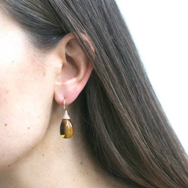 Citrine Drop Earrings with Diamond Caps