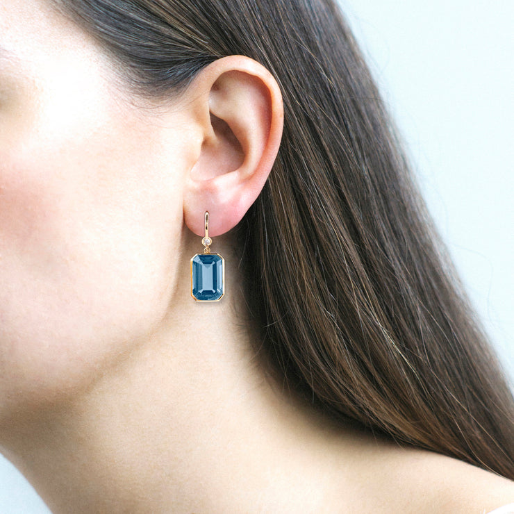 London Blue Topaz Emerald Cut Earrings with Diamond