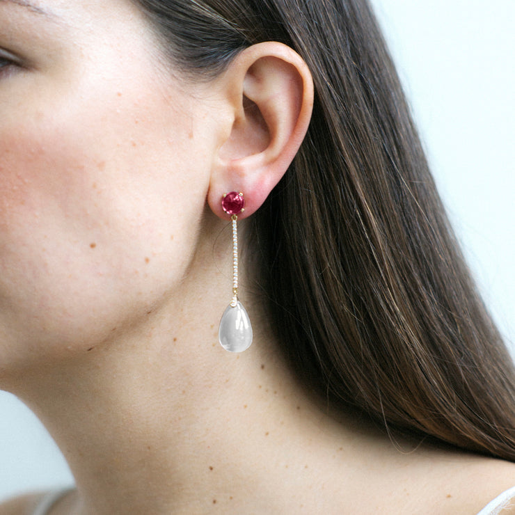 Moon Quartz & Garnet Long Drop Earrings with Diamonds