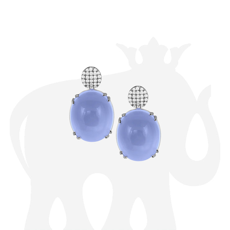 Blue Chalcedony Oval Cabochon with Diamonds Motif Earrings