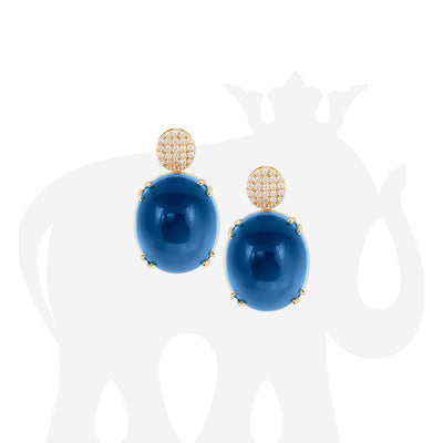 London Blue Topaz Oval Cabochon Diamond Motif Earrings