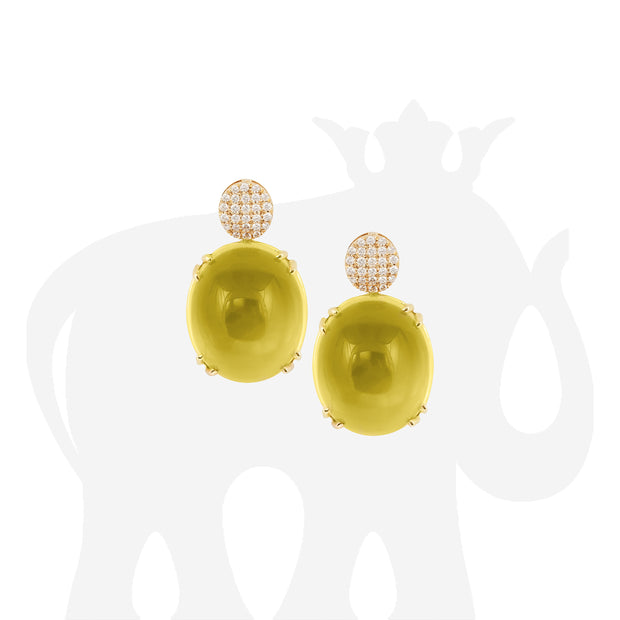 Lemon Quartz Oval Cabochon with Diamonds Motif Earrings