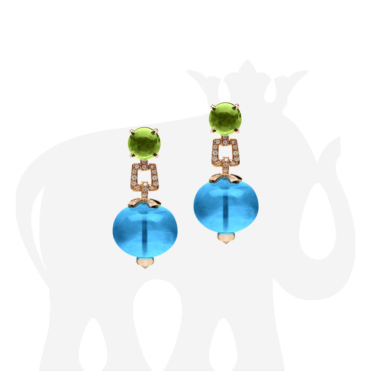 Blue Topaz Bead & Peridot Cabochon with Diamond Earrings