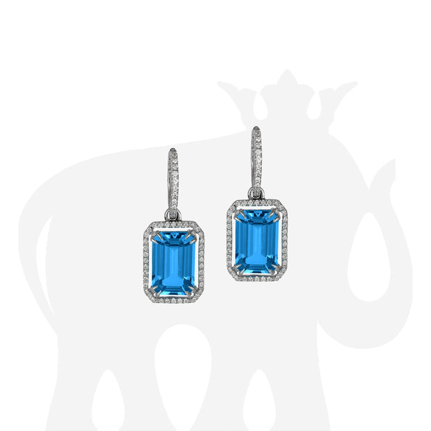 London Blue Topaz Emerald Cut Earrings with Diamond Trim