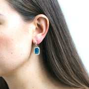 London Blue Topaz Emerald Cut Earrings with Diamond Trim
