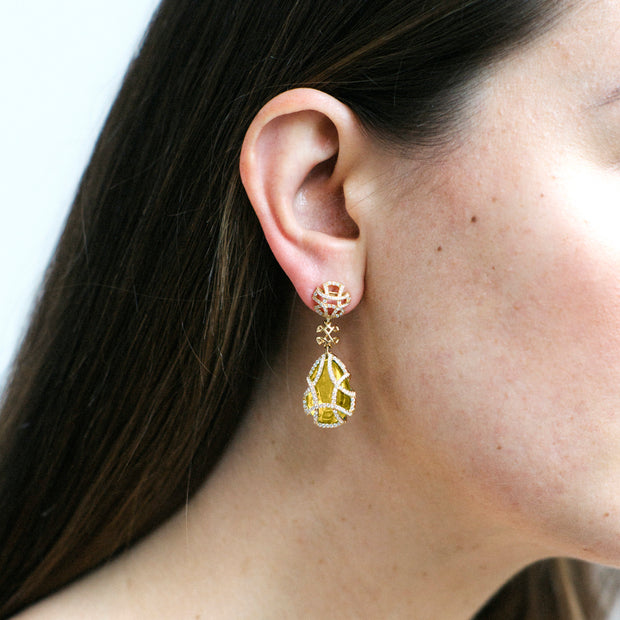 Lemon Quartz Teardrop Earrings with Diamonds