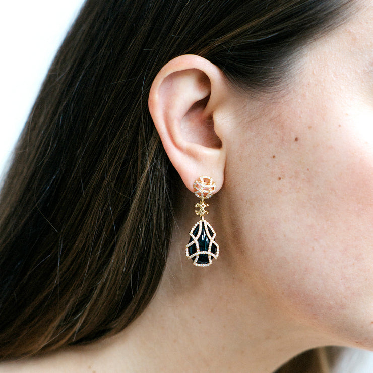 Onyx Teardrop Earrings with Diamonds