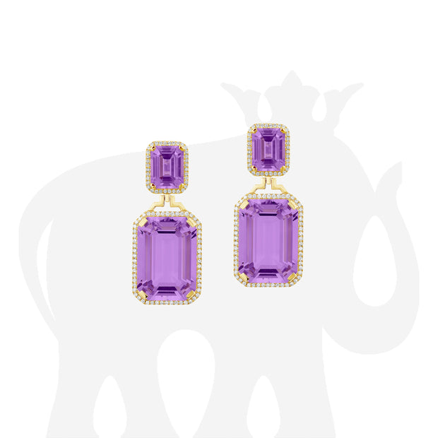 Emerald Cut Amethyst Earrings with Diamonds