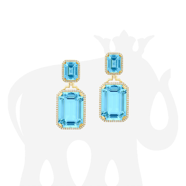 Emerald Cut Blue Topaz Earrings with Diamonds