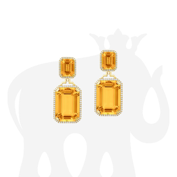 Emerald Cut Citrine Earrings with Diamonds