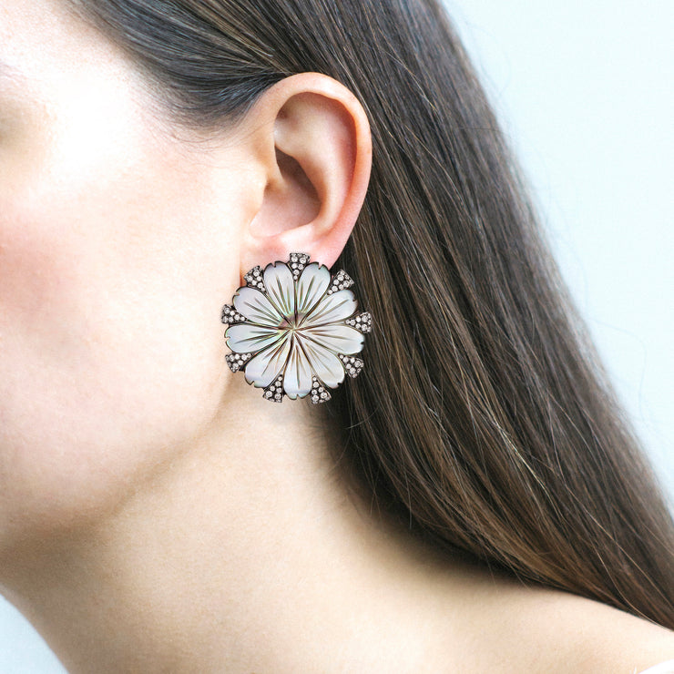 Mother Of Pearl Carved Flower & Diamond Earrings