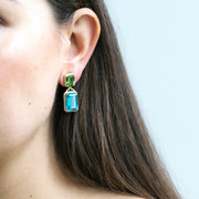Blue Topaz and Peridot Emerald Cut Earrings with Diamonds