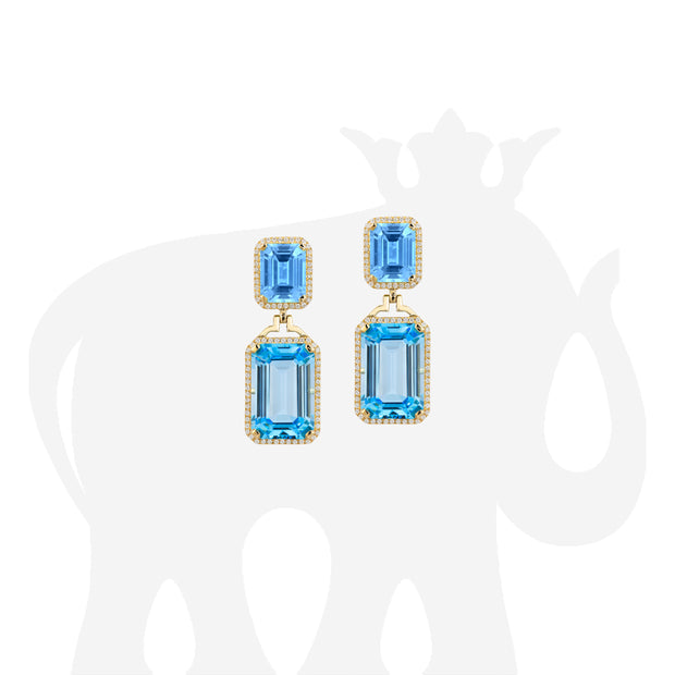 Blue Topaz Emerald Cut Earrings with Diamonds