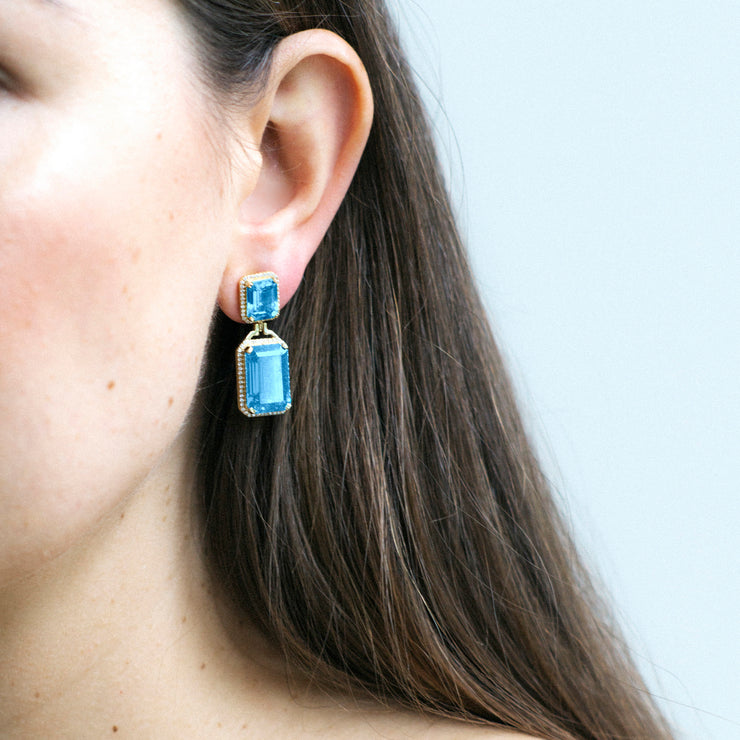Blue Topaz Emerald Cut Earrings with Diamonds