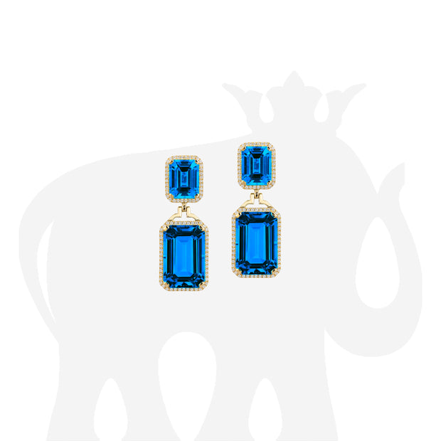 London Blue Topaz Emerald Cut Diamond Earrings