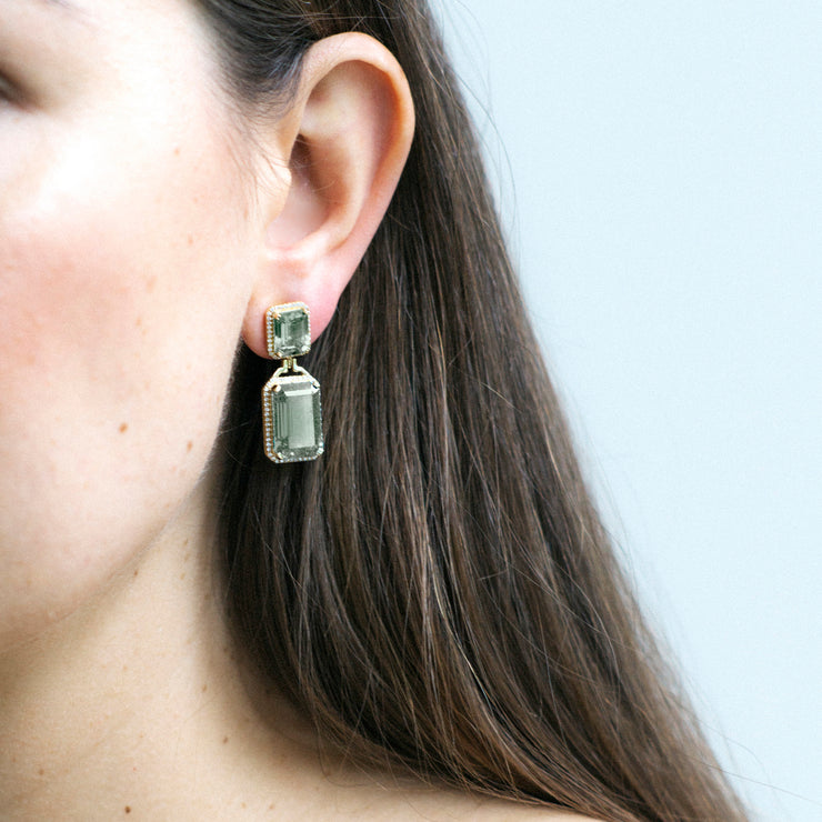 Prasiolite Emerald Cut Earrings with Diamonds