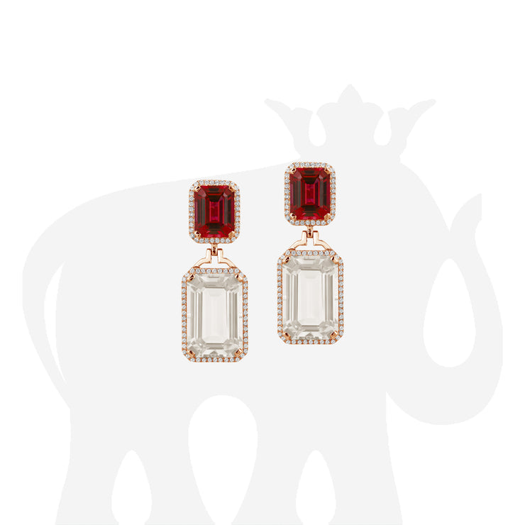 Rock Crystal & Garnet Emerald Cut Earrings with Diamonds