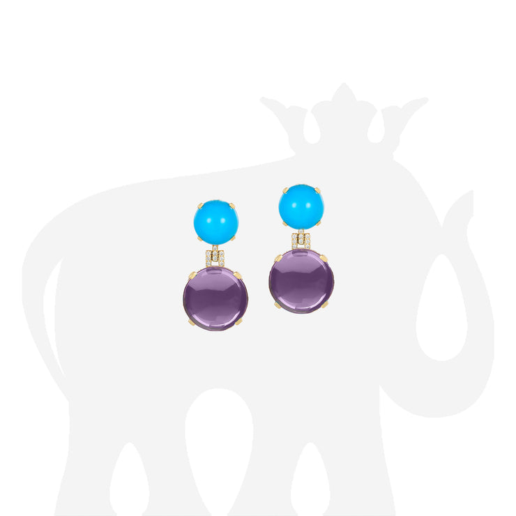 Amethyst & Sleeping Beauty Turquoise Round Cabochon Earrings with Diamonds