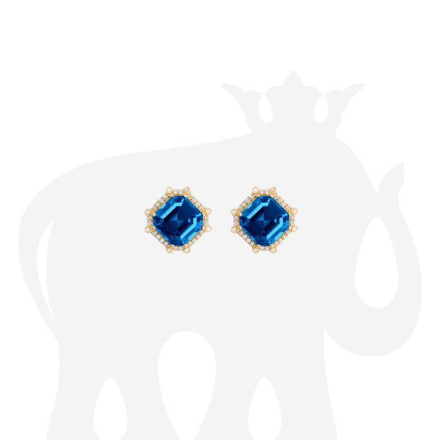 London Blue Topaz Asscher Cut Studs with Diamonds