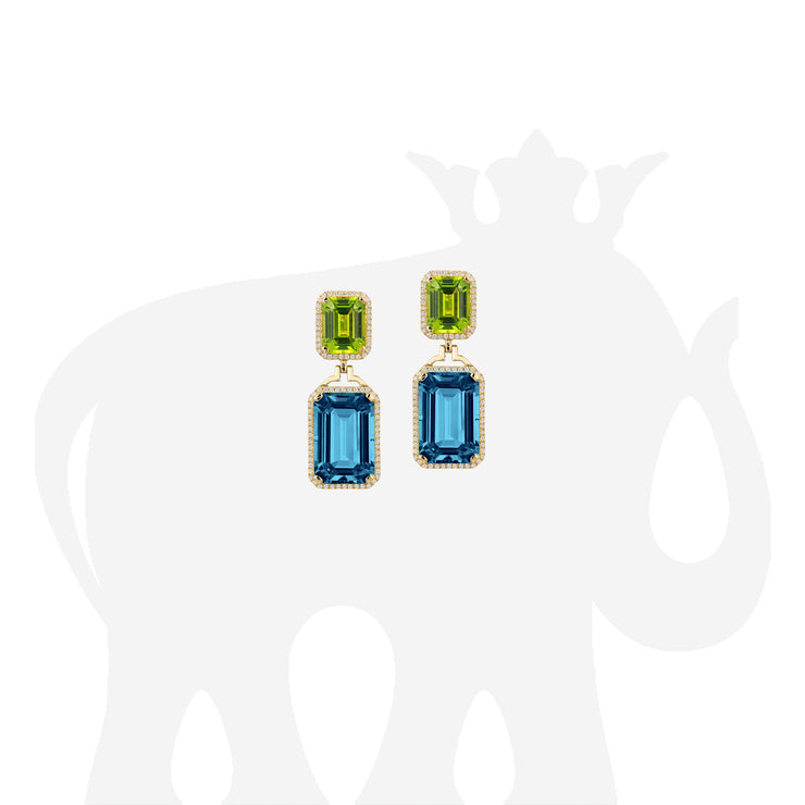London Blue Topaz & Peridot Emerald Cut Earrings with Diamonds