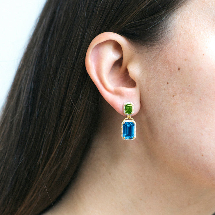 London Blue Topaz & Peridot Emerald Cut Earrings with Diamonds