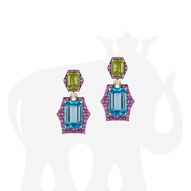 Blue Topaz & Peridot Earrings with Pink Sapphire