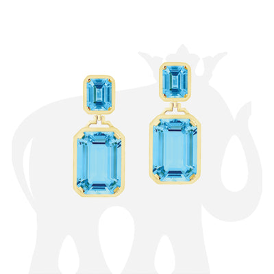 Long Double Emerald Cut Blue Topaz Earrings