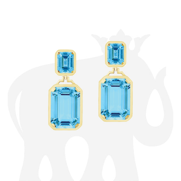 Long Double Emerald Cut Blue Topaz Earrings