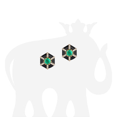 Hexagon Emerald & Black Enamel Stud Earrings with Diamonds