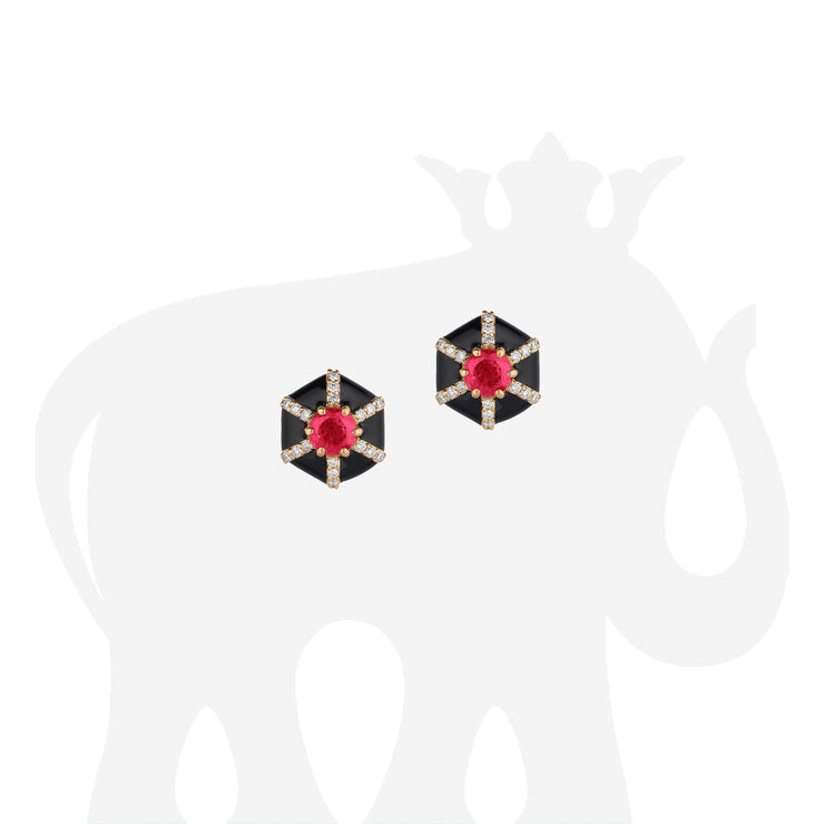 Hexagon Ruby & Black Enamel Stud Earrings with Diamonds