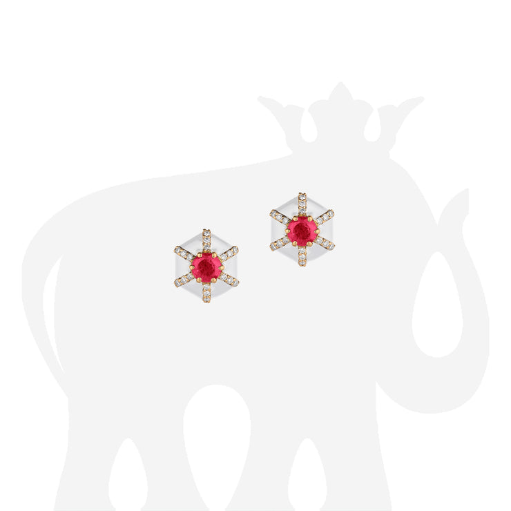 Hexagon Ruby & White Enamel Stud Earrings with Diamonds