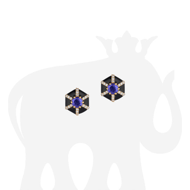 Hexagon Tanzanite & Black Enamel Stud Earrings with Diamonds