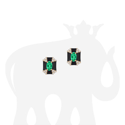 Octagon Emerald & Black Enamel Stud Earrings with Diamonds