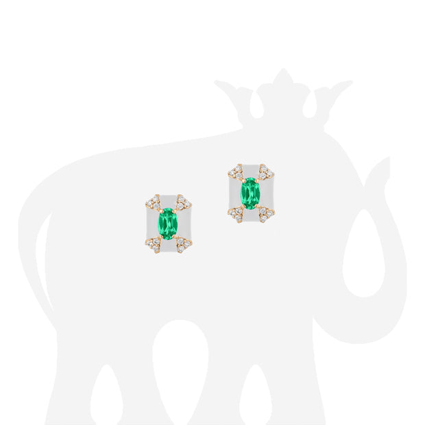 Octagon Emerald & White Enamel Stud Earrings with Diamonds