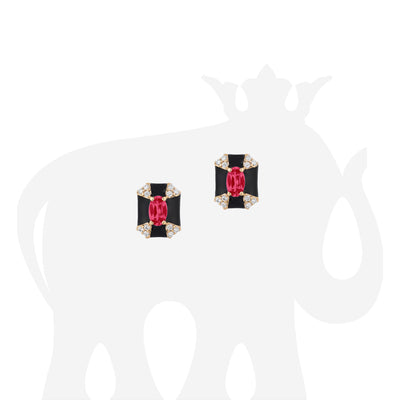 Octagon Ruby & Black Enamel Stud Earrings with Diamonds