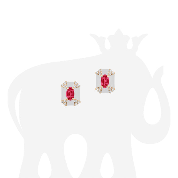 Octagon  Ruby & White Enamel Stud Earrings with Diamonds