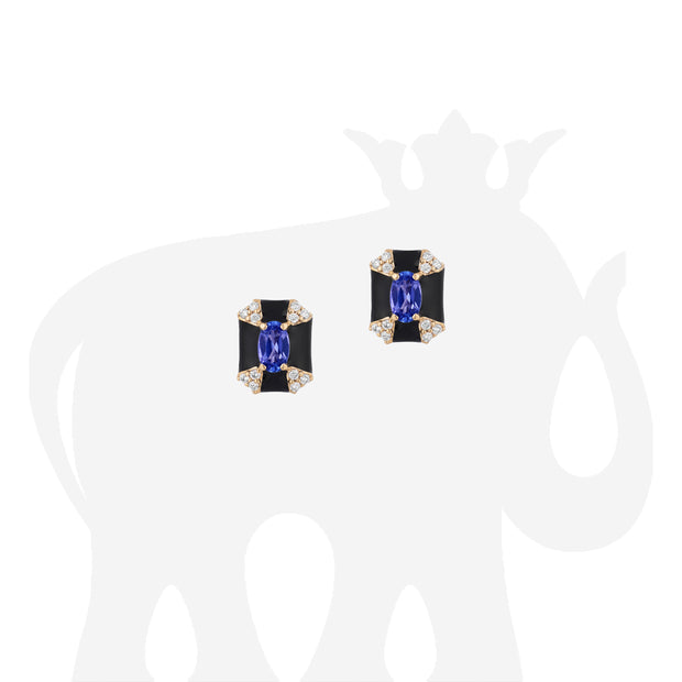 Octagon Tanzanite & Black Enamel Stud Earrings with Diamonds