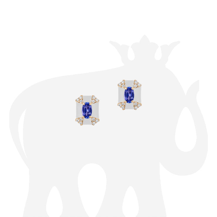 Octagon Tanzanite & White Enamel Stud Earrings with Diamonds