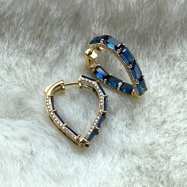 Blue Sapphire Emerald Cut Heart Shape Hoop With Diamonds