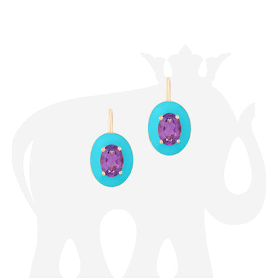 Oval Amethyst Earrings with Turquoise Enamel and Lever Back