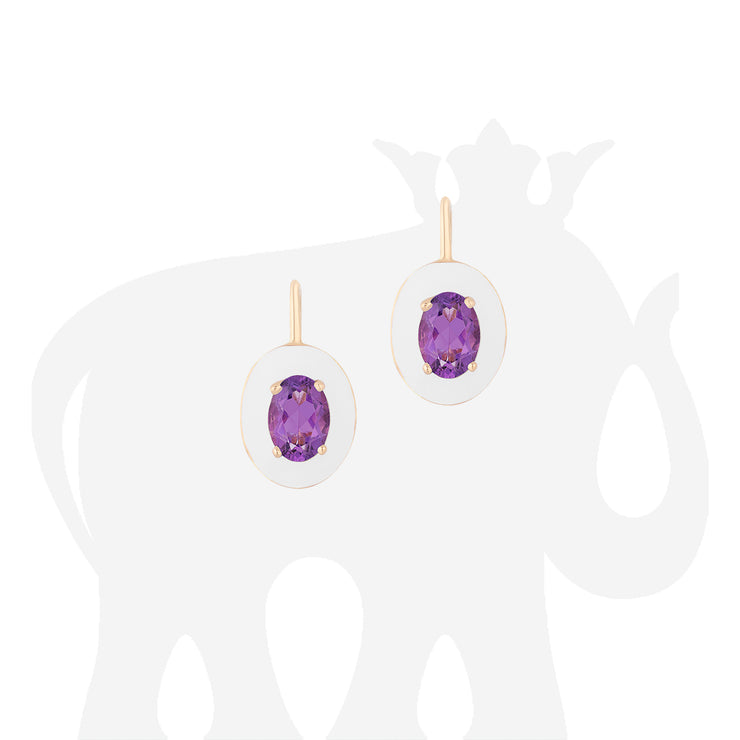 Faceted Oval Amethyst Earrings with White Enamel