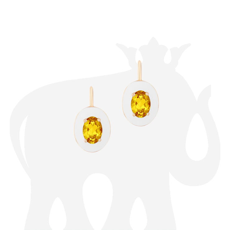 Faceted Oval Citrine Earrings with White Enamel
