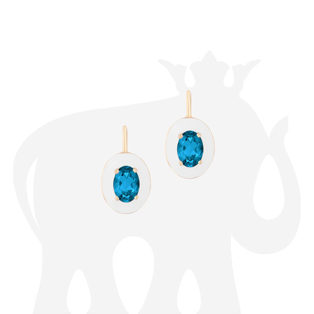 Oval London Blue Topaz Earrings with White Enamel