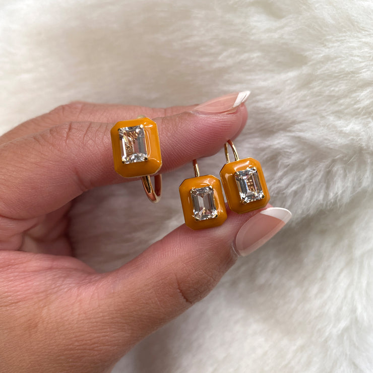 Rock Crystal Emerald Cut Earrings and Ring with Brown Enamel