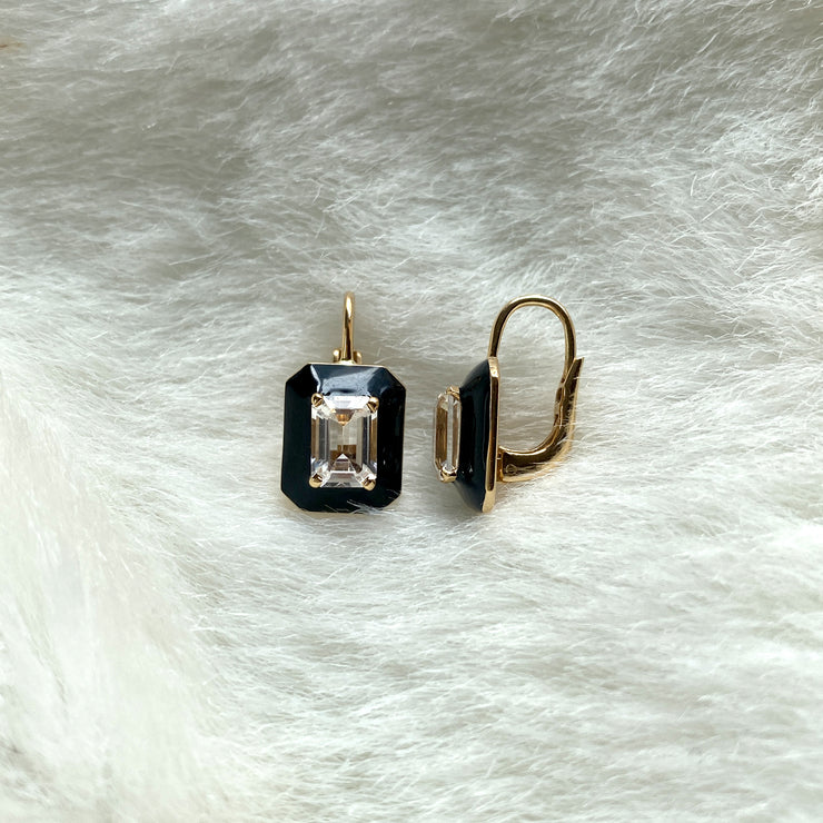 Rock Crystal Emerald Cut Earrings with Black Enamel