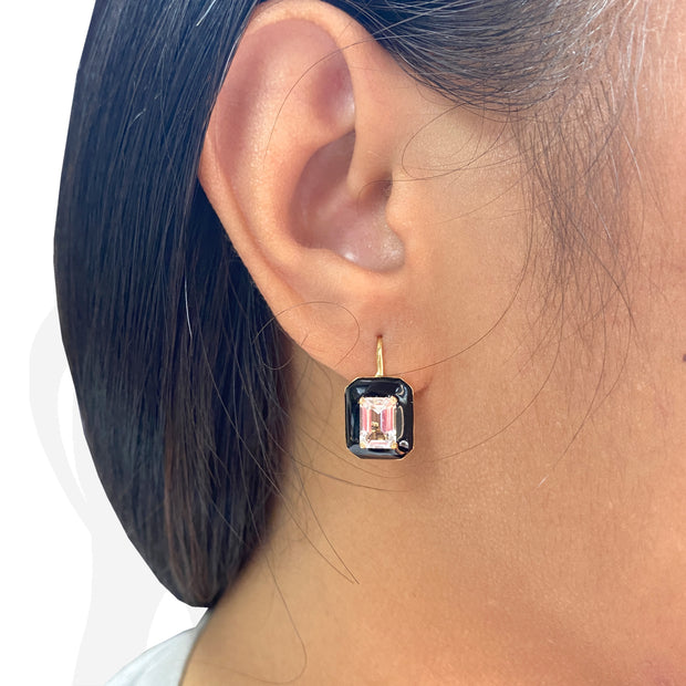 Rock Crystal Emerald Cut Ring and Earrings with Black Enamel